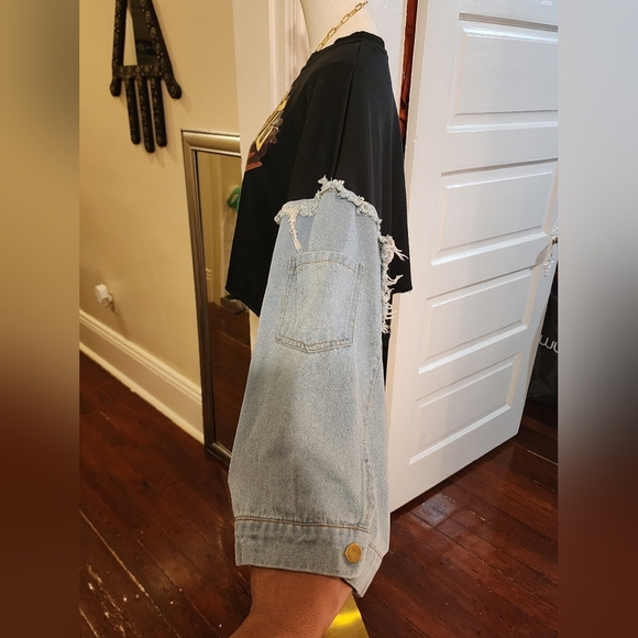 JW&NW Black Graphic Crop Top with Denim Sleeves Upcycle OOAK, Size Large - Picture 6 of 9